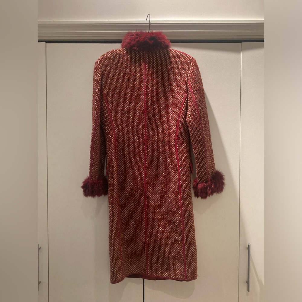 Giulia Teso red wool twill and fur winter coat—seldom worn,like new!